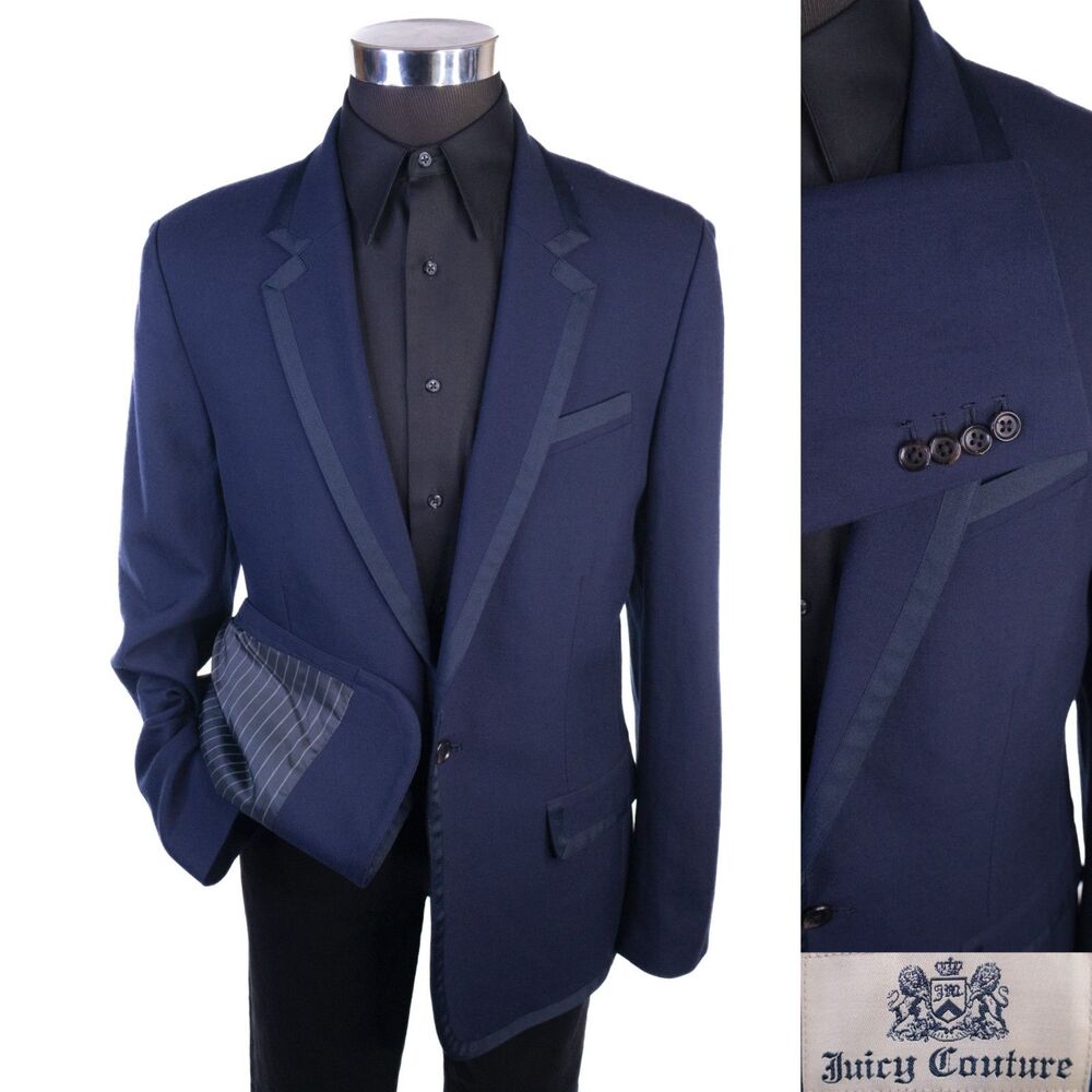 Juicy Couture Blazer Sport Coat Sz 42R 100% Wool Navy Blue Working Cuffs Jacket